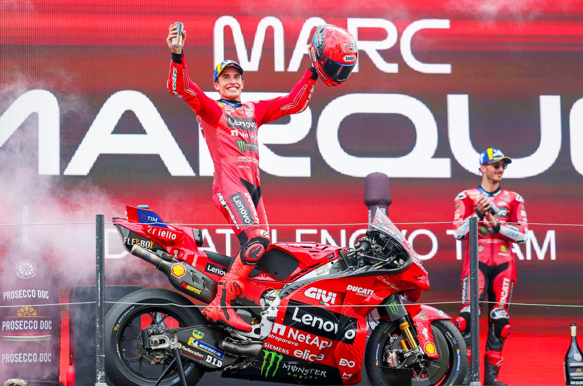 Marc Marquez wins aboard his Ducati at Assen MotoGP 2025